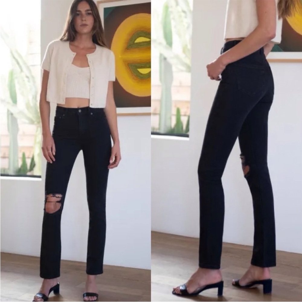 π REFORMATION Moto Jeans - High-Rise Distressed, Classic Straight Leg - Black